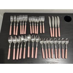 Vintage 32 piece WF Mardi Gras Flatware Rose Pink Plastic Handle Stainless Korea